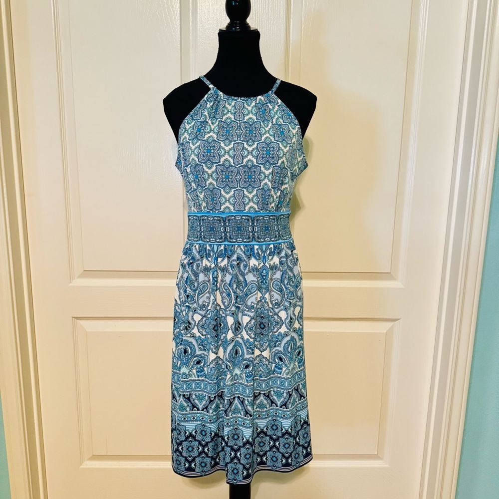 London Times Bohemian Style Blue and White Halter Sundress